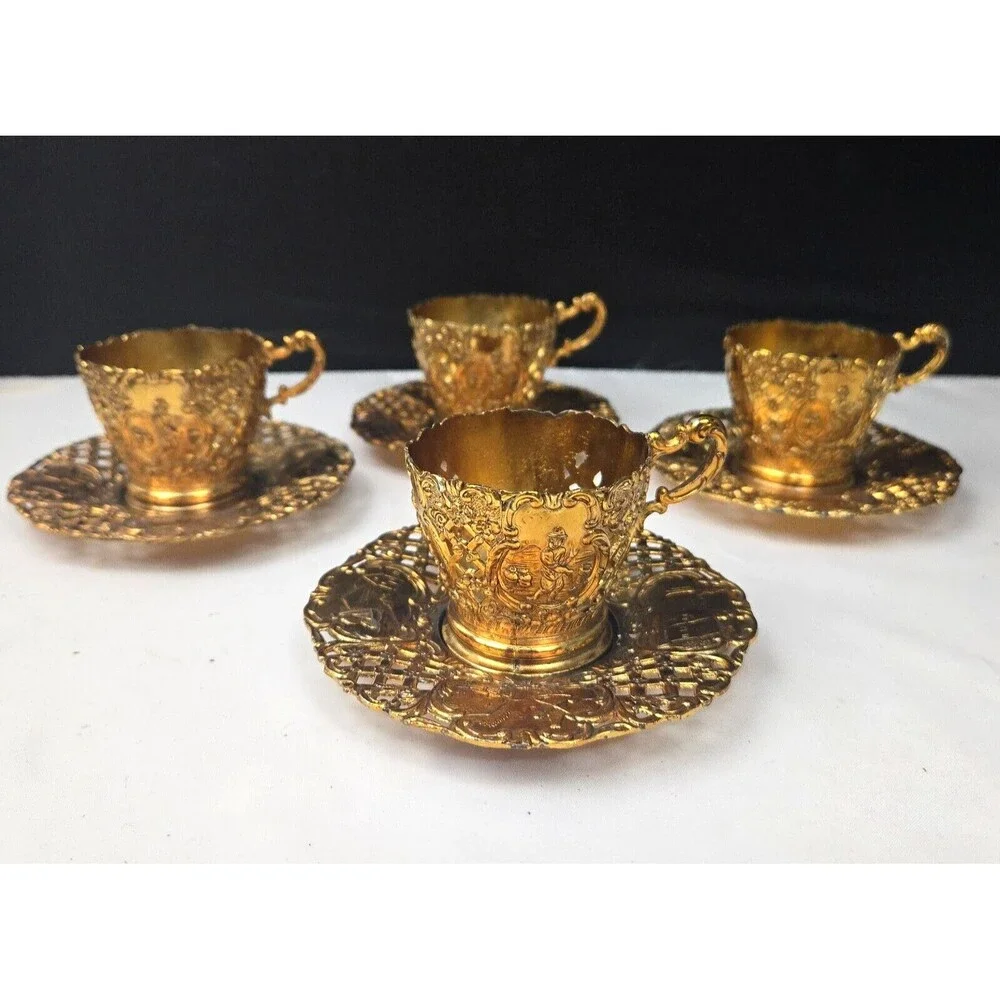 Gold Brass Gilded Plated Metal Demitasse Tea Set Cup Holder & Saucer Set of 4 - Picture 2 of 13